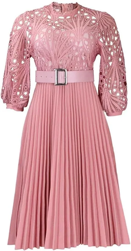 Women's Classic 3/4 Sleeve Floral Lace Office Lady Dress Business Midi Pleated Dresses with Belt