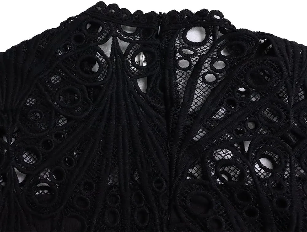 Women's Classic 3/4 Sleeve Floral Lace Office Lady Dress Business Midi Pleated Dresses with Belt