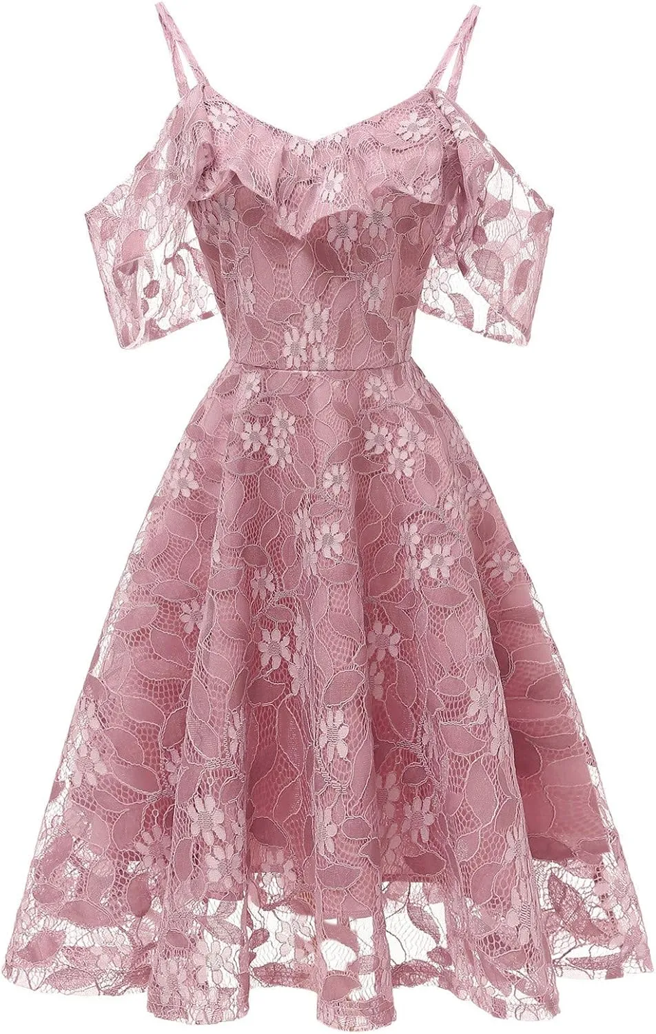 Women's Cold Shoulder Dresses Floral Lace Pleated Dress Ruffle Sleeve Knee Length Dresses Evening Party Cocktail Prom Gown