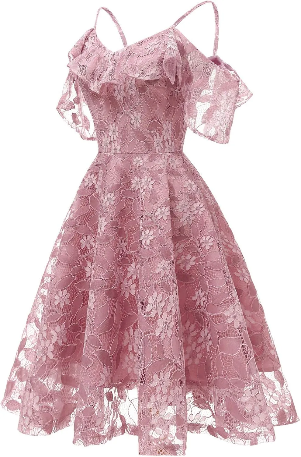 Women's Cold Shoulder Dresses Floral Lace Pleated Dress Ruffle Sleeve Knee Length Dresses Evening Party Cocktail Prom Gown