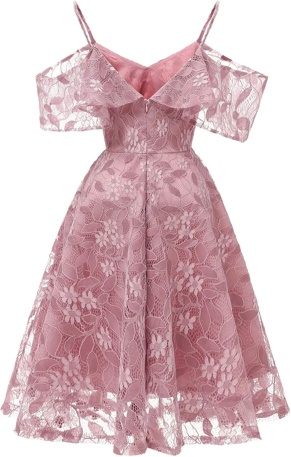 Women's Cold Shoulder Dresses Floral Lace Pleated Dress Ruffle Sleeve Knee Length Dresses Evening Party Cocktail Prom Gown