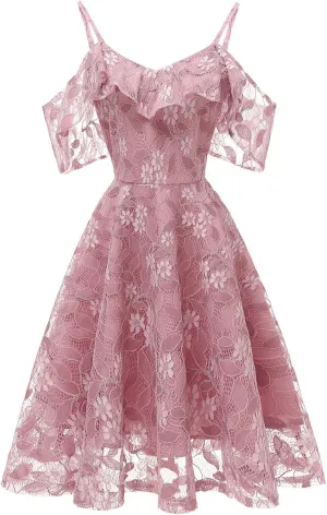 Women's Cold Shoulder Dresses Floral Lace Pleated Dress Ruffle Sleeve Knee Length Dresses Evening Party Cocktail Prom Gown