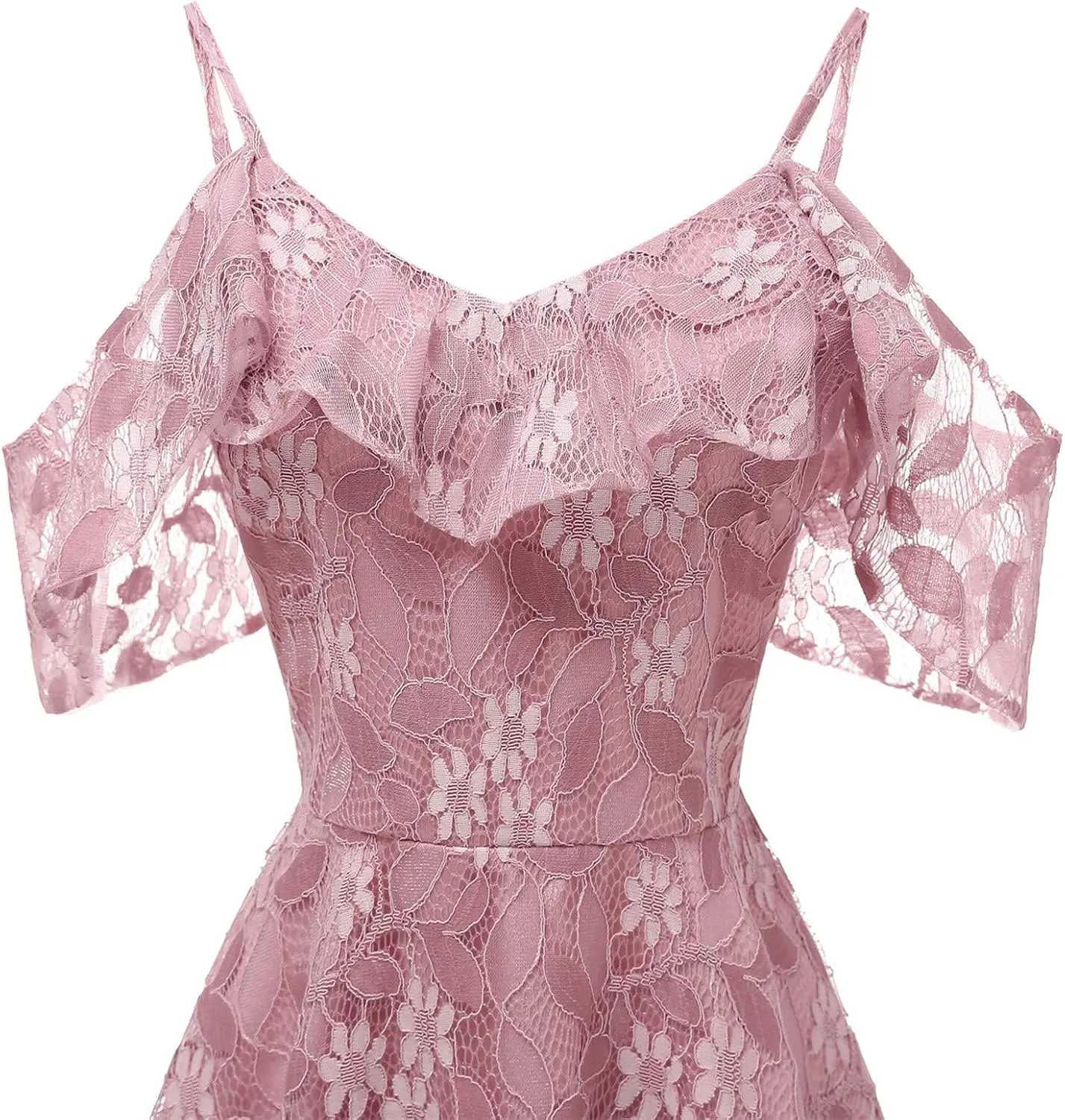Women's Cold Shoulder Dresses Floral Lace Pleated Dress Ruffle Sleeve Knee Length Dresses Evening Party Cocktail Prom Gown