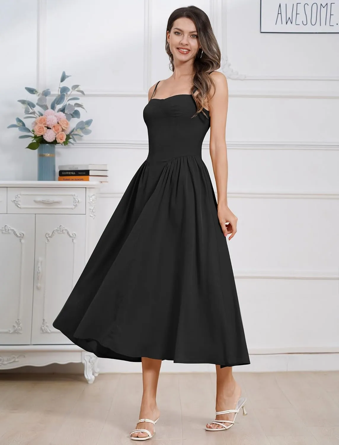 Womens Corset Dress Sexy Spaghetti Strap Bustier Midi Dress Low Cut Flowy Pleated Hem Formal Dresses with Pockets