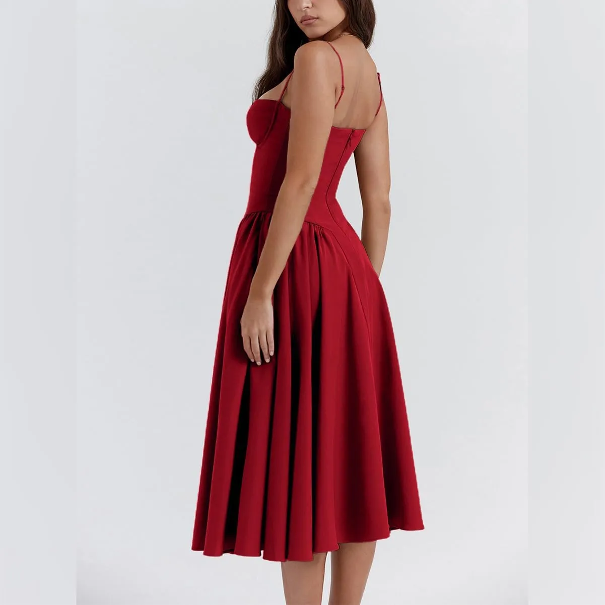 Womens Corset Dress Sexy Spaghetti Strap Bustier Midi Dress Low Cut Flowy Pleated Hem Formal Dresses with Pockets