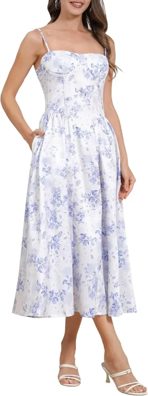 Womens Corset Dress Sexy Spaghetti Strap Bustier Midi Dress Low Cut Flowy Pleated Hem Formal Dresses with Pockets