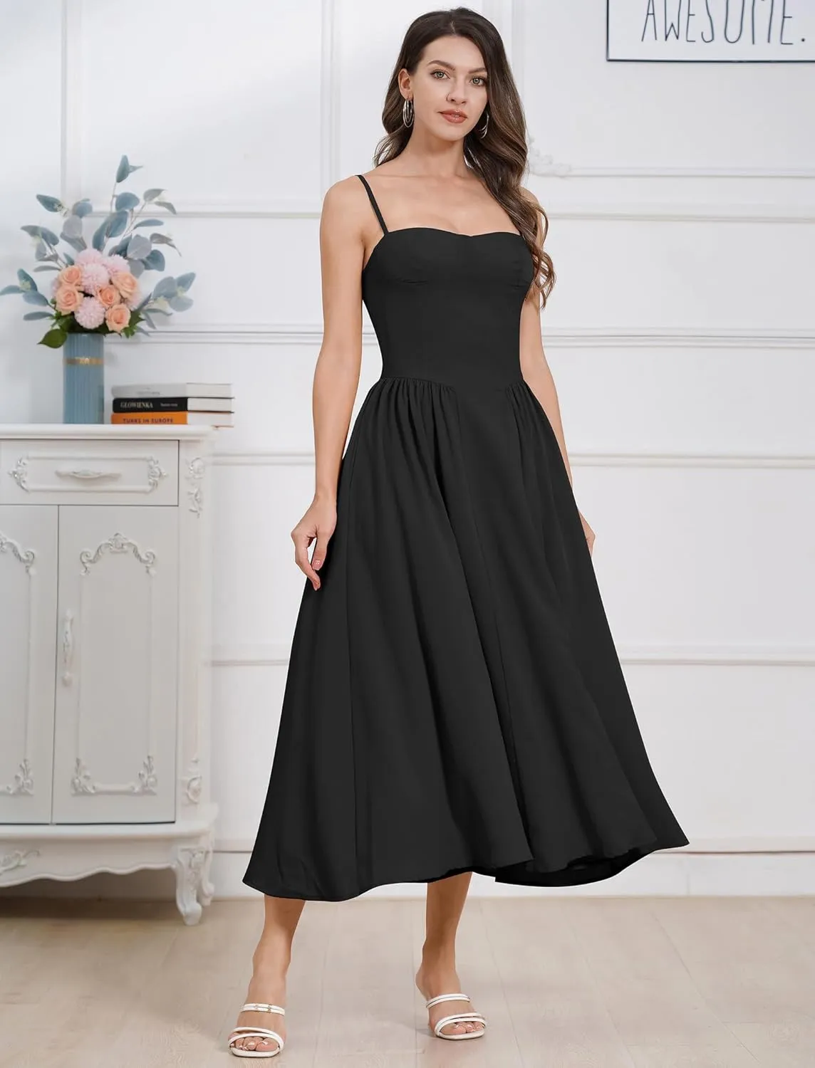 Womens Corset Dress Sexy Spaghetti Strap Bustier Midi Dress Low Cut Flowy Pleated Hem Formal Dresses with Pockets
