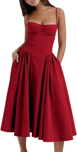 Womens Corset Dress Sexy Spaghetti Strap Bustier Midi Dress Low Cut Flowy Pleated Hem Formal Dresses with Pockets