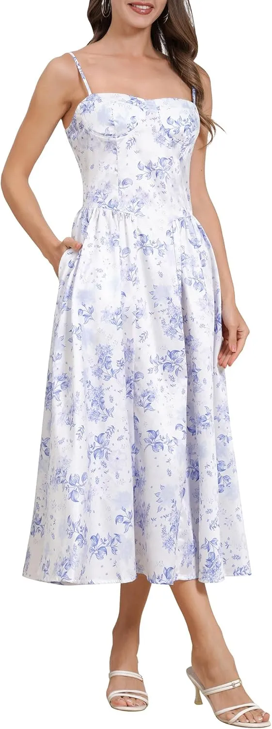 Womens Corset Dress Sexy Spaghetti Strap Bustier Midi Dress Low Cut Flowy Pleated Hem Formal Dresses with Pockets