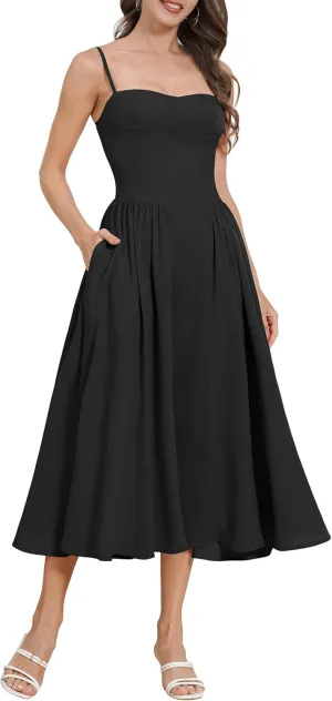 Womens Corset Dress Sexy Spaghetti Strap Bustier Midi Dress Low Cut Flowy Pleated Hem Formal Dresses with Pockets