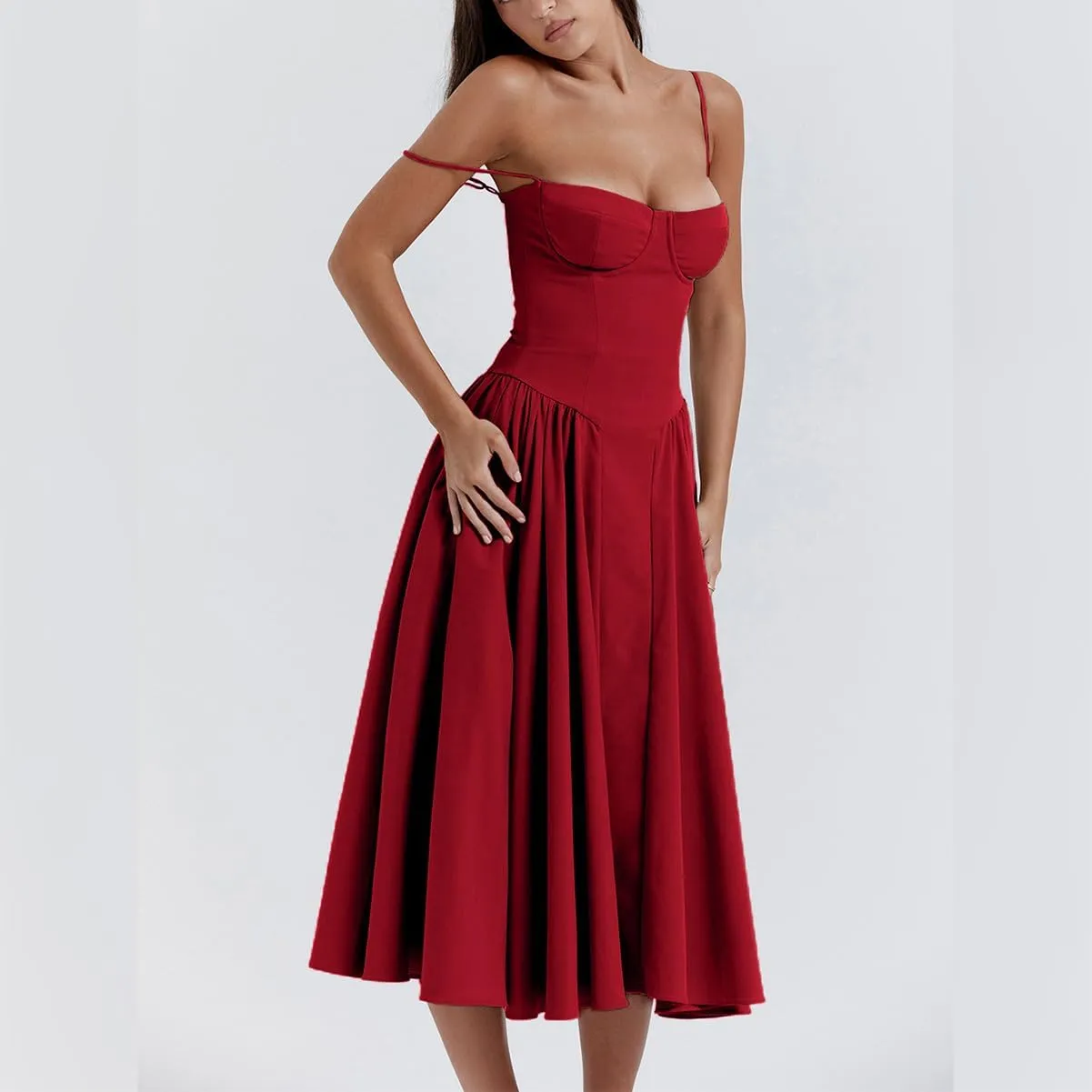 Womens Corset Dress Sexy Spaghetti Strap Bustier Midi Dress Low Cut Flowy Pleated Hem Formal Dresses with Pockets