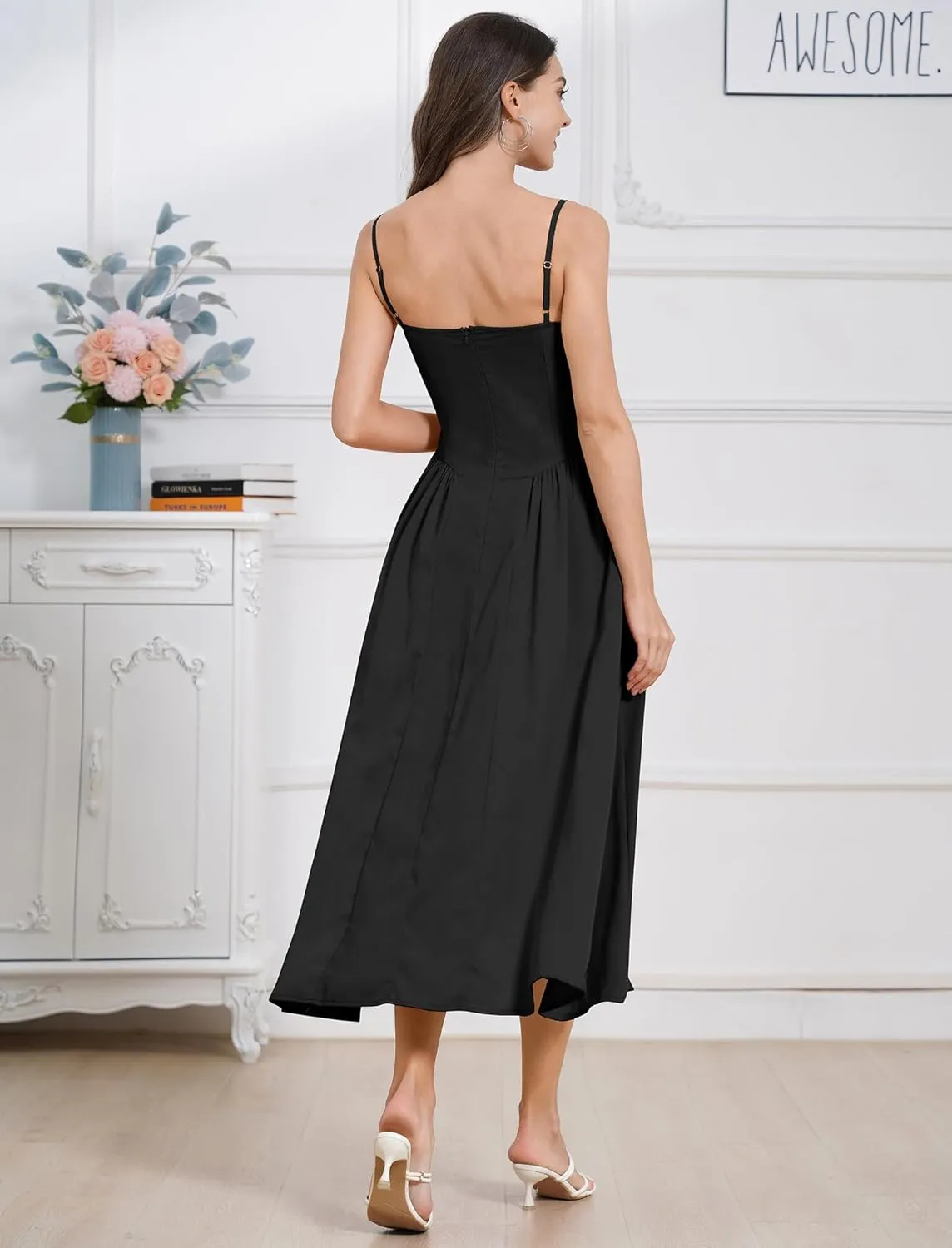 Womens Corset Dress Sexy Spaghetti Strap Bustier Midi Dress Low Cut Flowy Pleated Hem Formal Dresses with Pockets