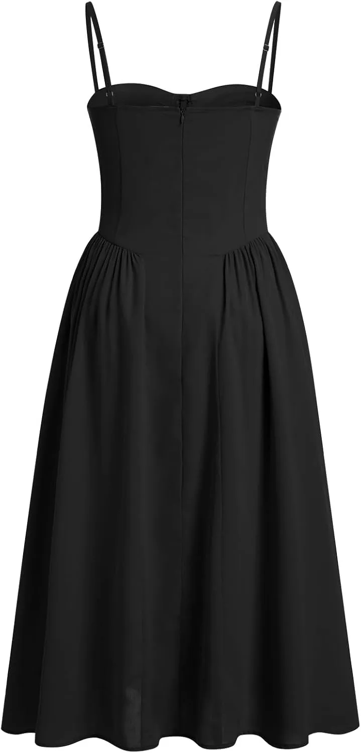 Womens Corset Dress Sexy Spaghetti Strap Bustier Midi Dress Low Cut Flowy Pleated Hem Formal Dresses with Pockets