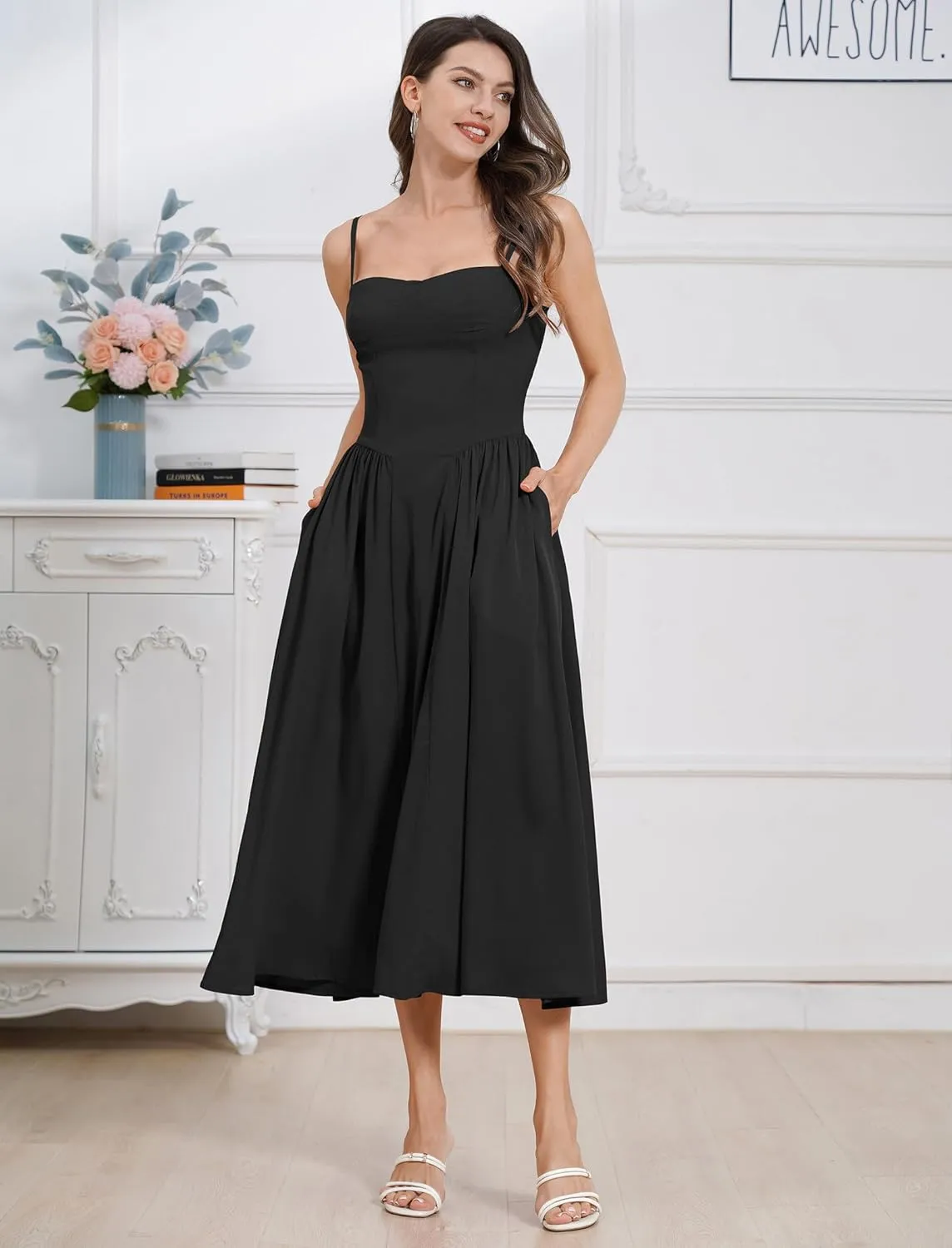 Womens Corset Dress Sexy Spaghetti Strap Bustier Midi Dress Low Cut Flowy Pleated Hem Formal Dresses with Pockets