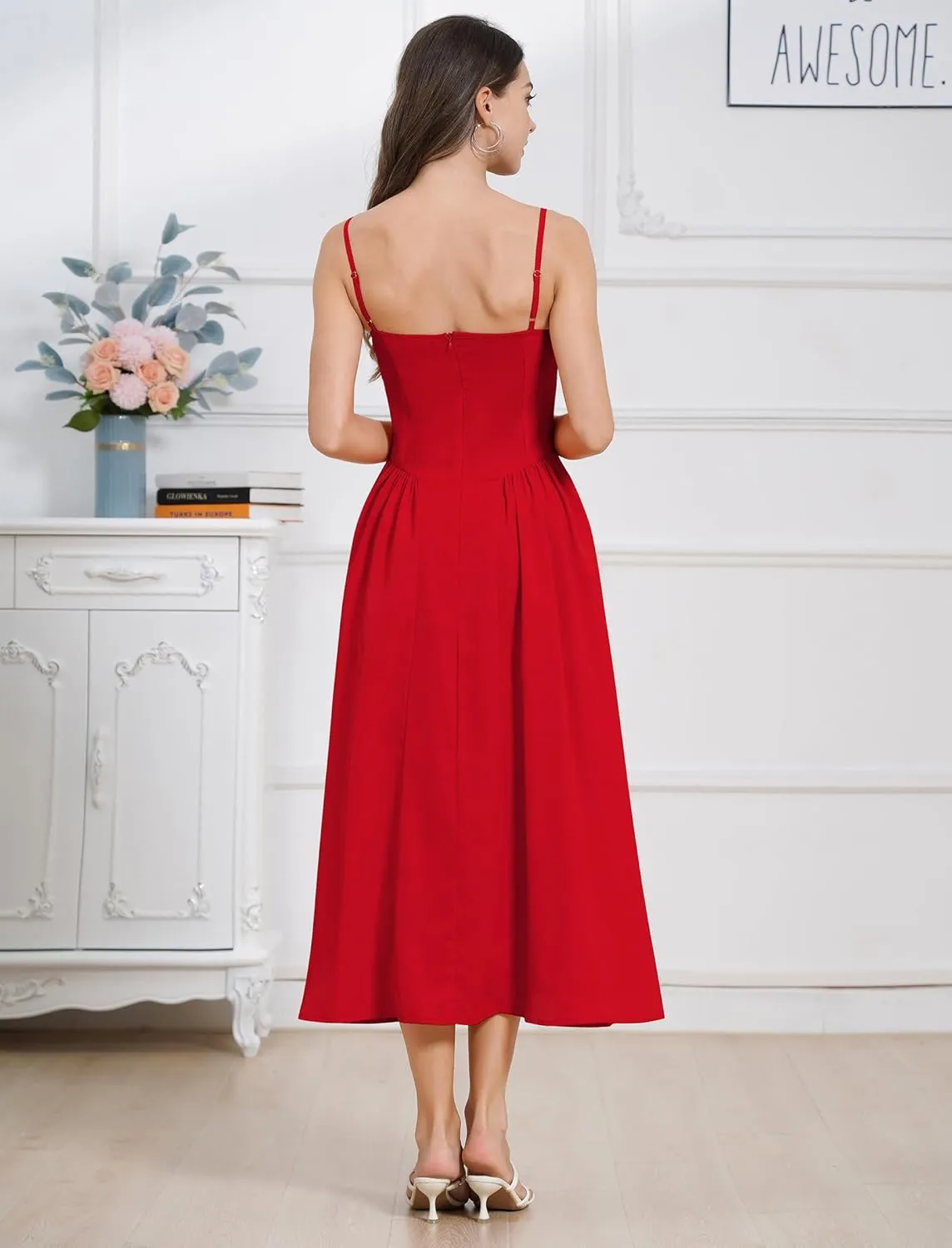 Womens Corset Dress Sexy Spaghetti Strap Bustier Midi Dress Low Cut Flowy Pleated Hem Formal Dresses with Pockets
