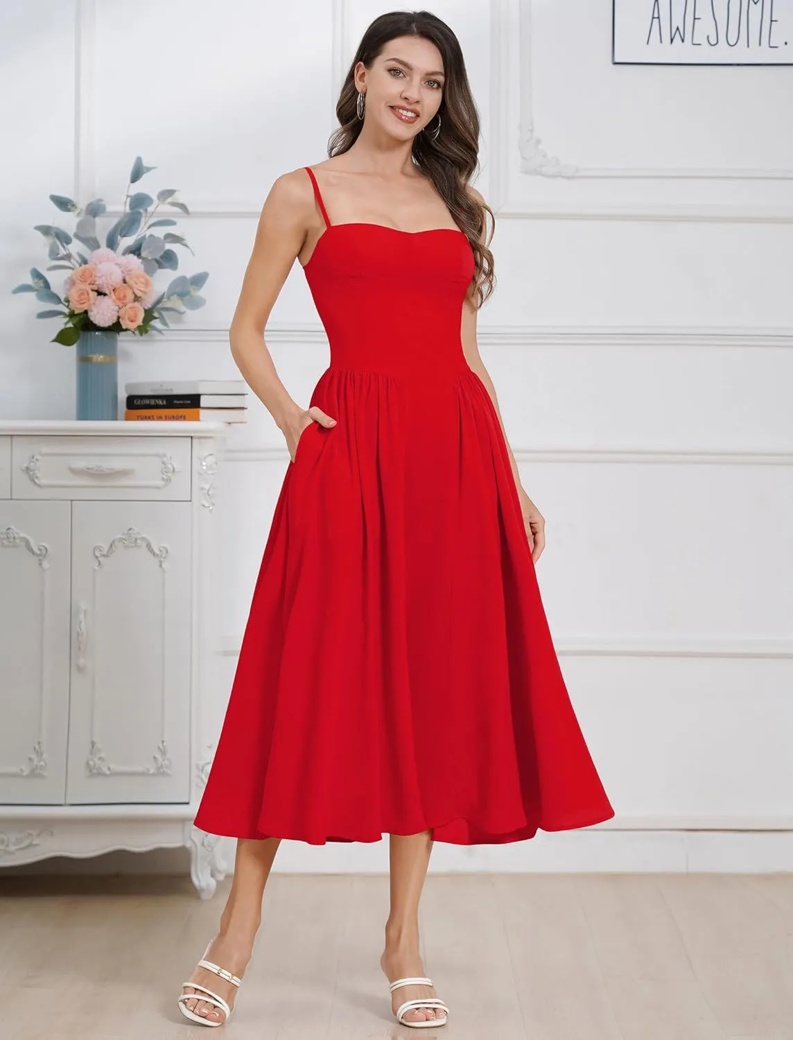 Womens Corset Dress Sexy Spaghetti Strap Bustier Midi Dress Low Cut Flowy Pleated Hem Formal Dresses with Pockets