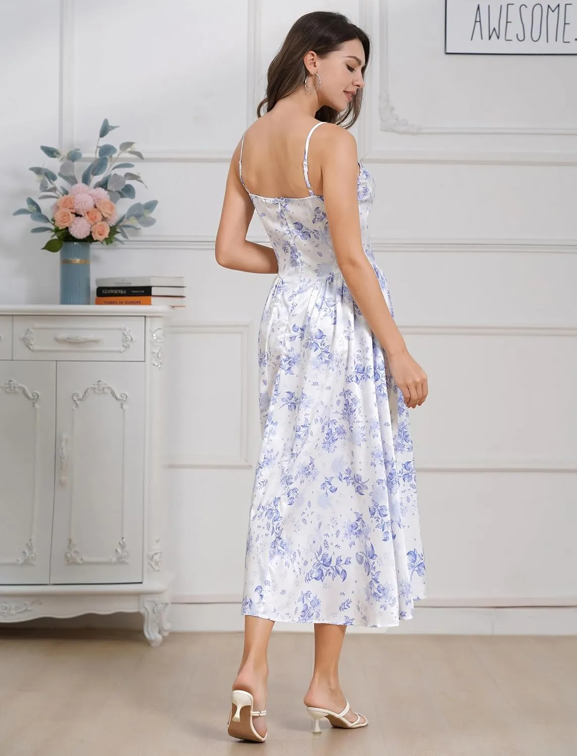 Womens Corset Dress Sexy Spaghetti Strap Bustier Midi Dress Low Cut Flowy Pleated Hem Formal Dresses with Pockets