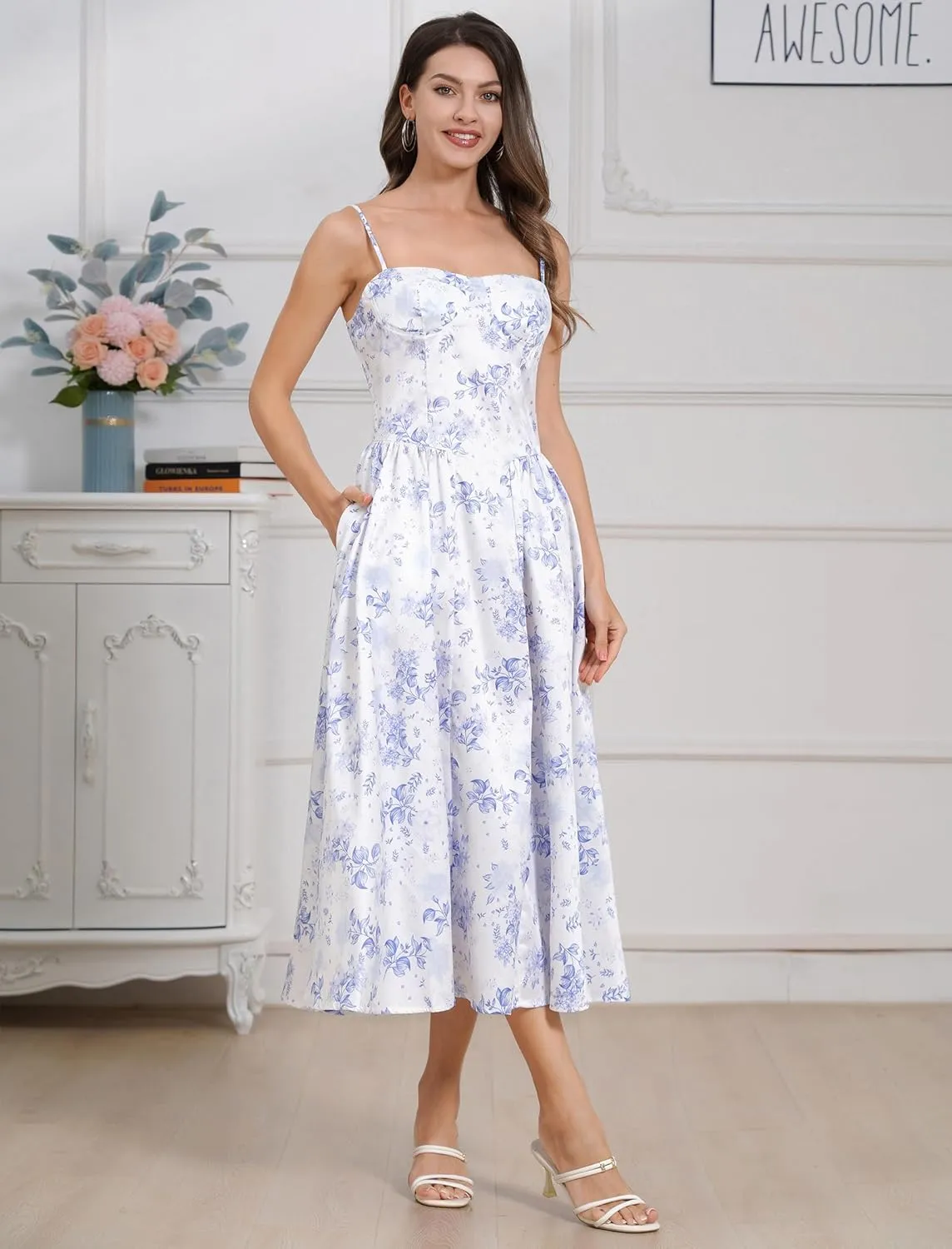 Womens Corset Dress Sexy Spaghetti Strap Bustier Midi Dress Low Cut Flowy Pleated Hem Formal Dresses with Pockets