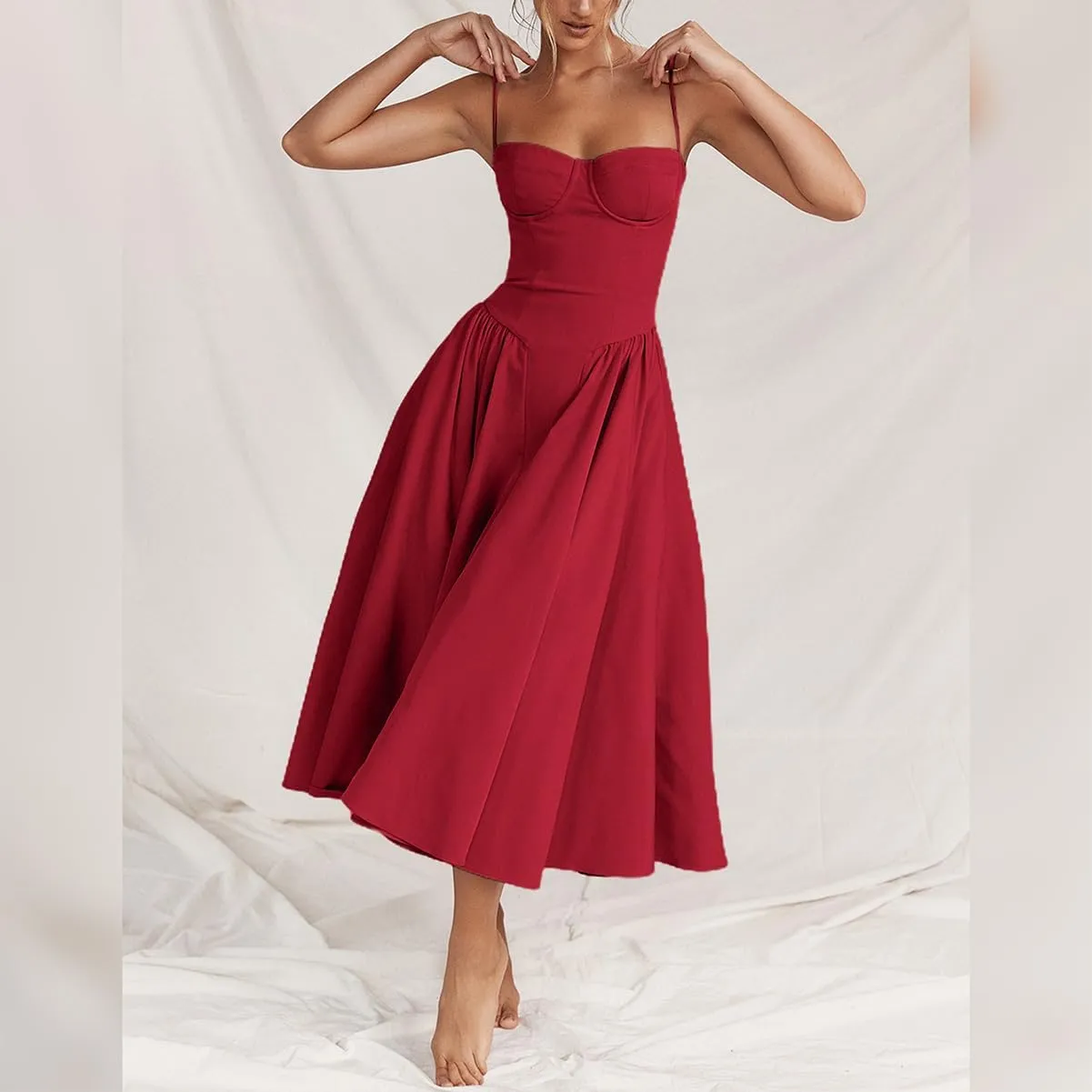 Womens Corset Dress Sexy Spaghetti Strap Bustier Midi Dress Low Cut Flowy Pleated Hem Formal Dresses with Pockets