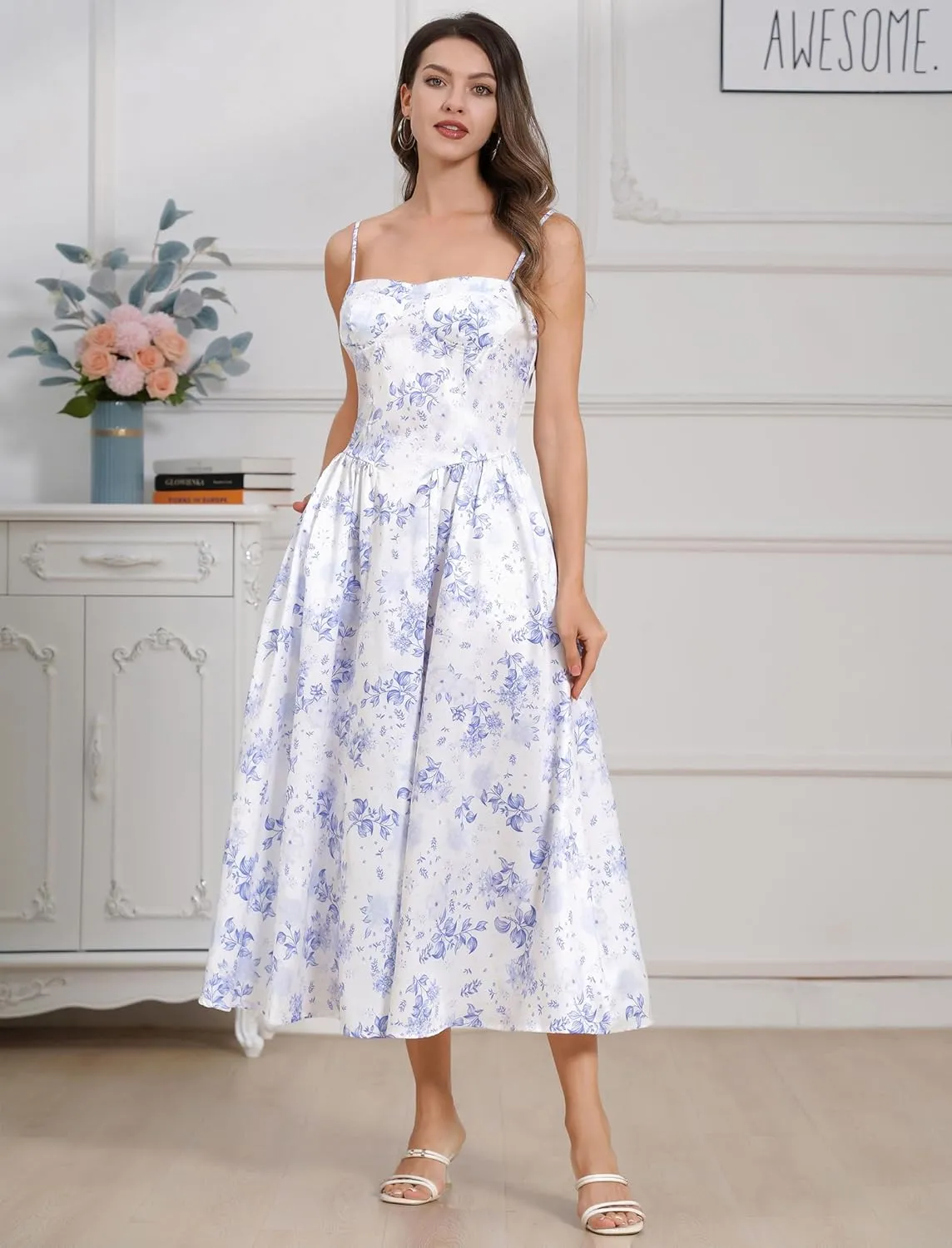 Womens Corset Dress Sexy Spaghetti Strap Bustier Midi Dress Low Cut Flowy Pleated Hem Formal Dresses with Pockets