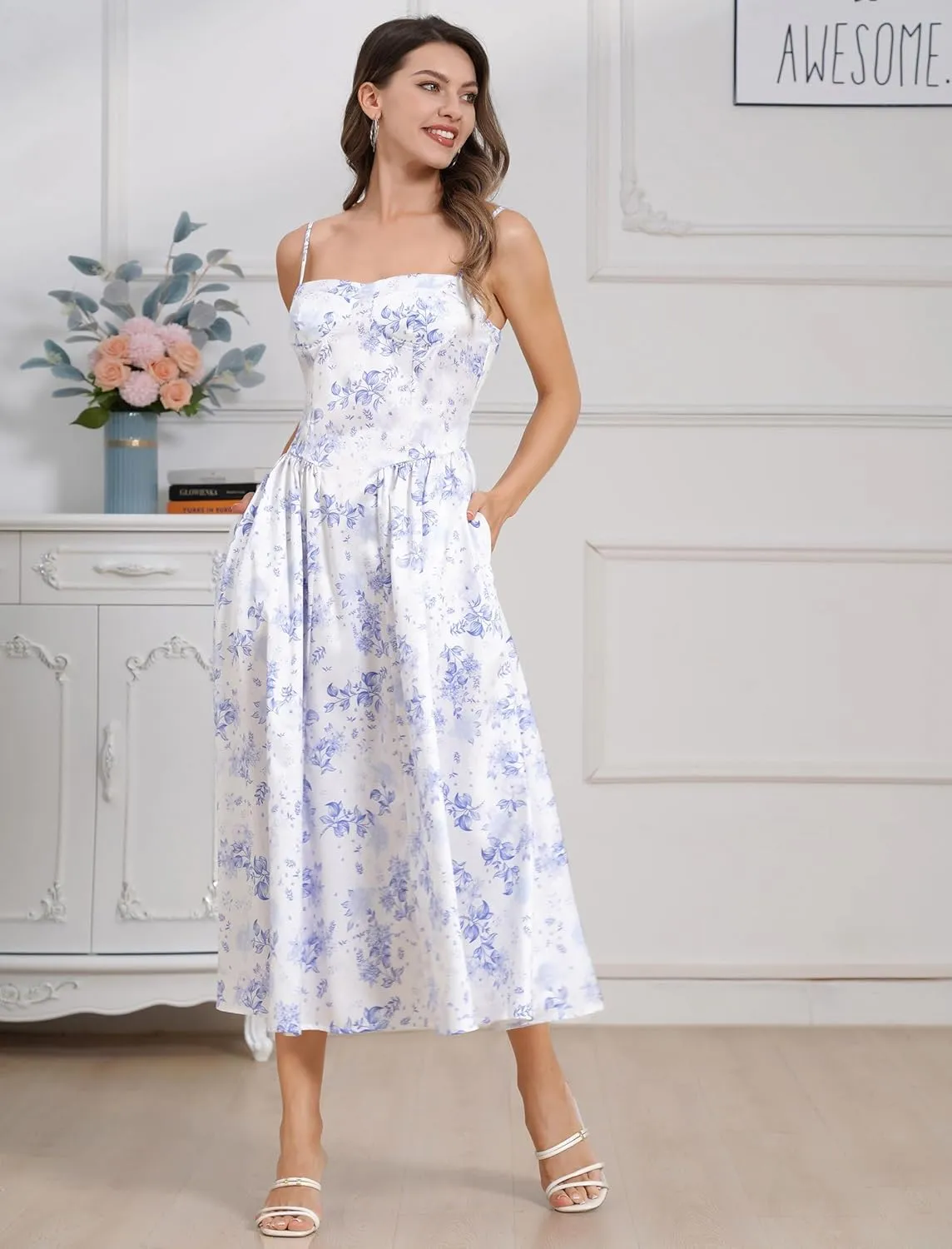 Womens Corset Dress Sexy Spaghetti Strap Bustier Midi Dress Low Cut Flowy Pleated Hem Formal Dresses with Pockets