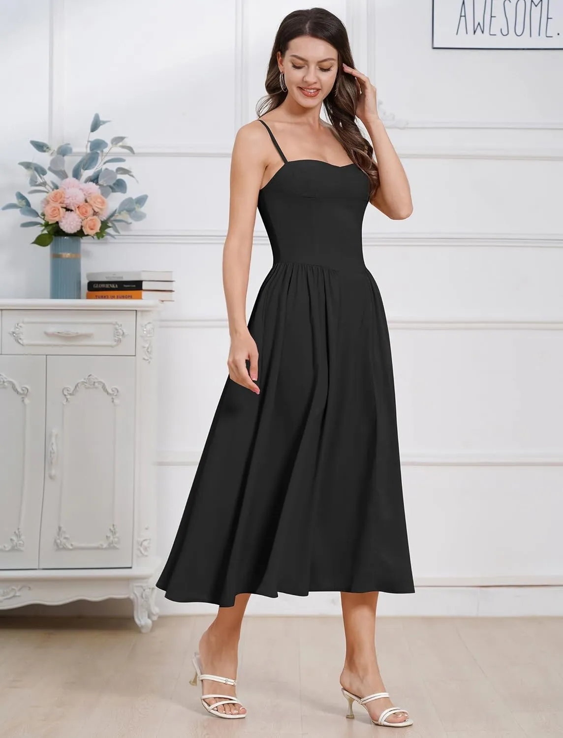 Womens Corset Dress Sexy Spaghetti Strap Bustier Midi Dress Low Cut Flowy Pleated Hem Formal Dresses with Pockets