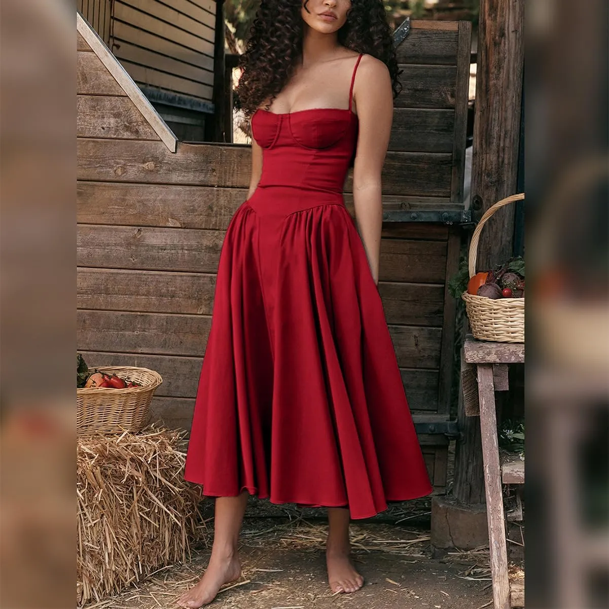Womens Corset Dress Sexy Spaghetti Strap Bustier Midi Dress Low Cut Flowy Pleated Hem Formal Dresses with Pockets