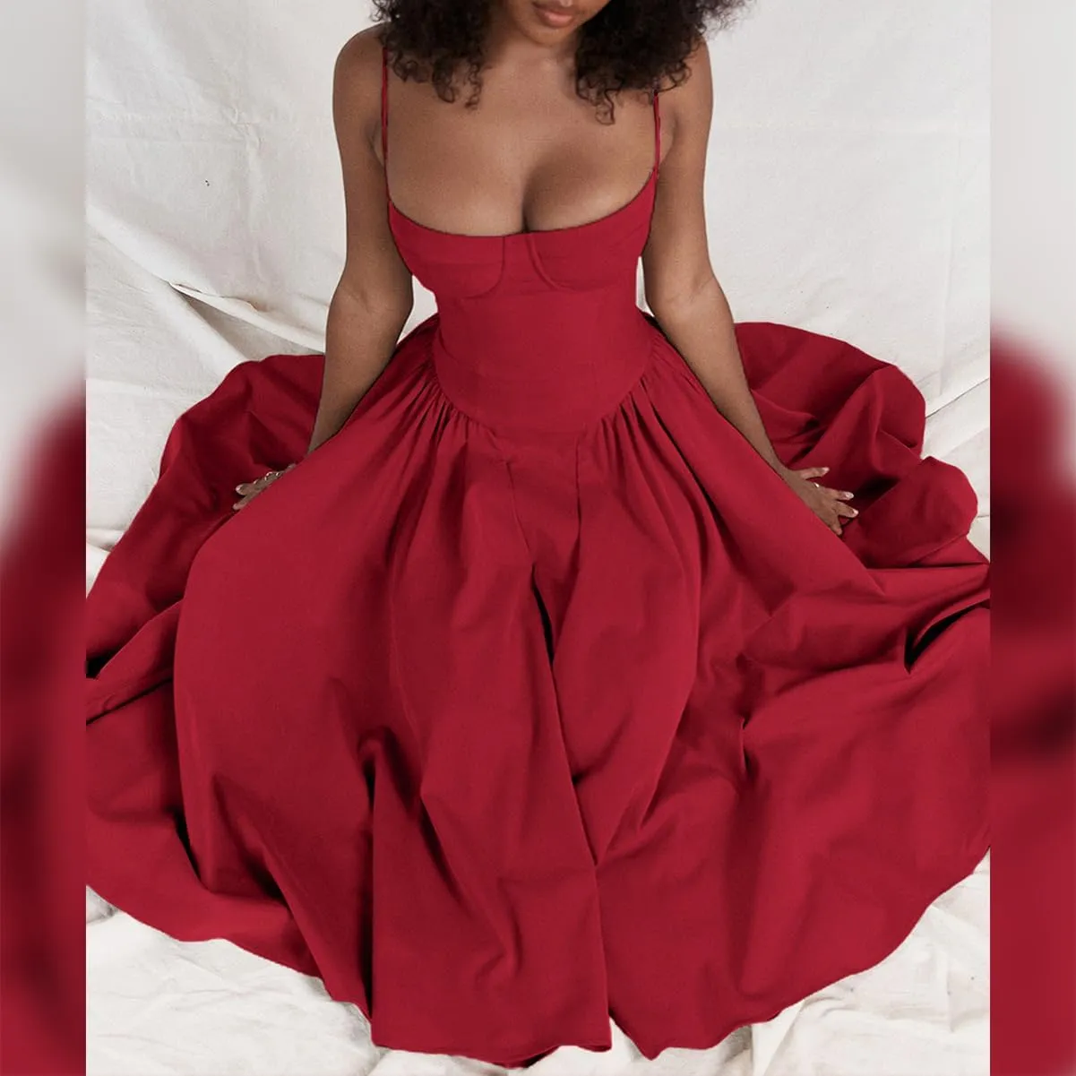Womens Corset Dress Sexy Spaghetti Strap Bustier Midi Dress Low Cut Flowy Pleated Hem Formal Dresses with Pockets