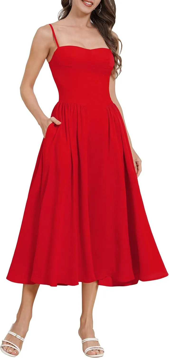 Womens Corset Dress Sexy Spaghetti Strap Bustier Midi Dress Low Cut Flowy Pleated Hem Formal Dresses with Pockets