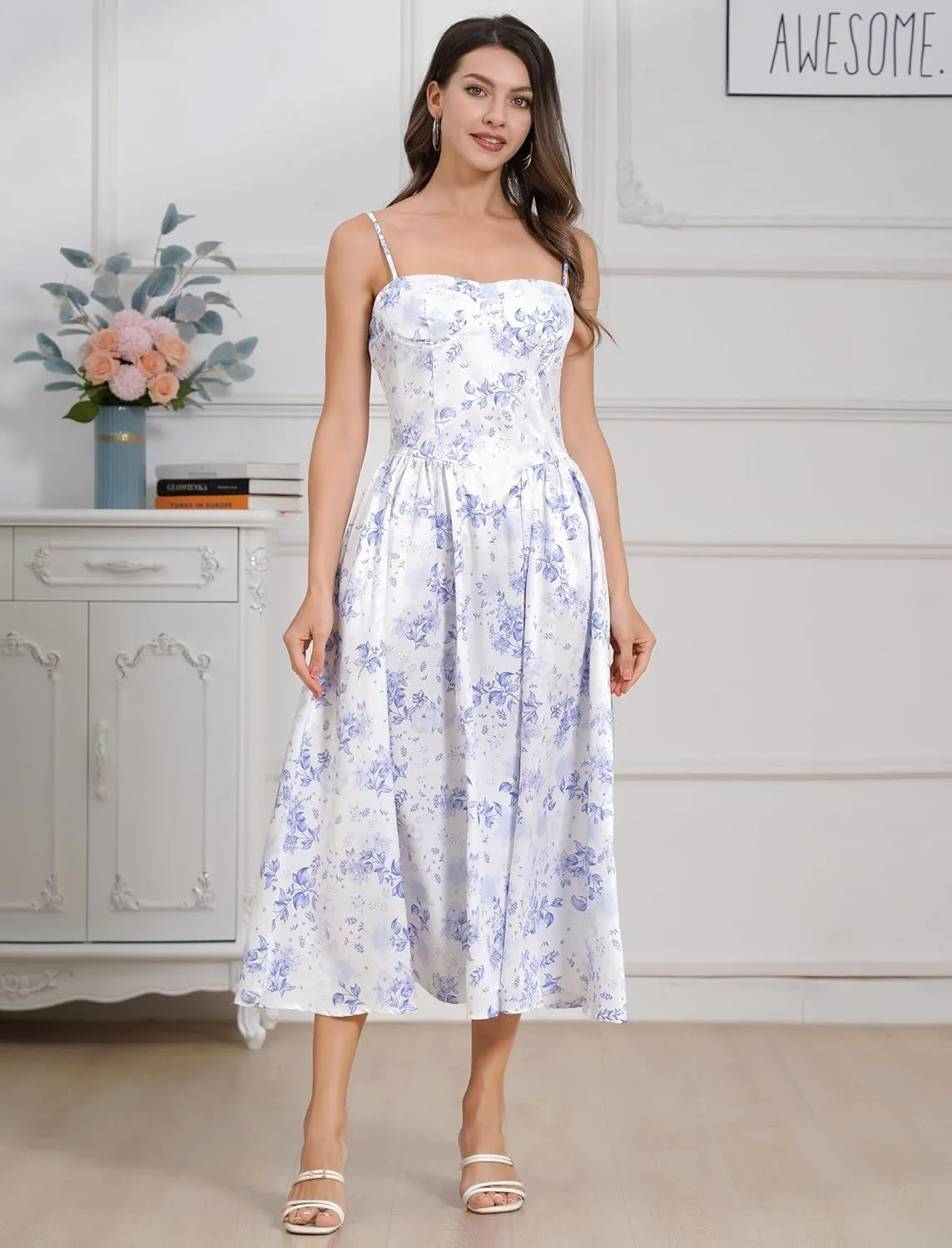 Womens Corset Dress Sexy Spaghetti Strap Bustier Midi Dress Low Cut Flowy Pleated Hem Formal Dresses with Pockets