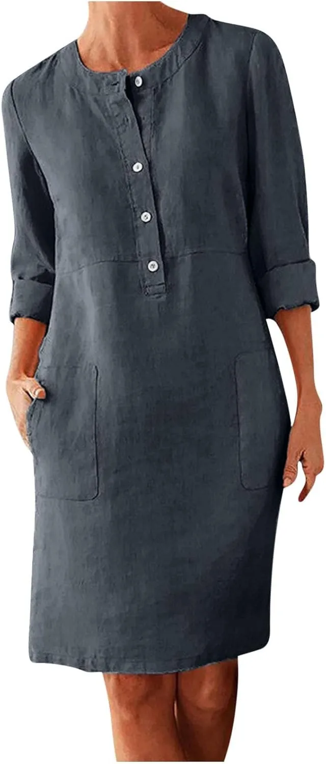 Womens Cotton Linen Button Up Dresses Casual Classic Long Sleeve Trendy Comfy Solid Color Crewneck Dress with Pockets