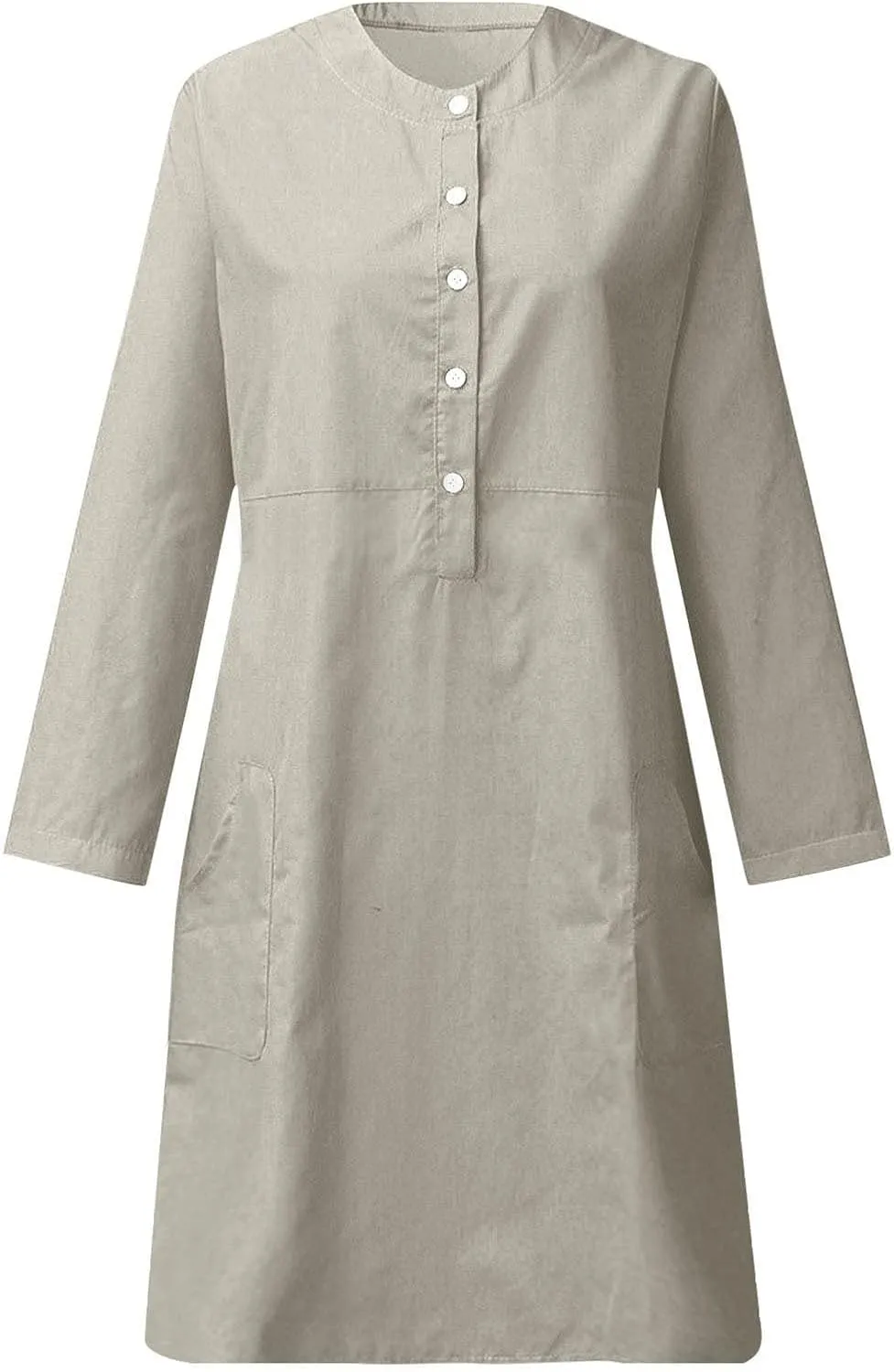 Womens Cotton Linen Button Up Dresses Casual Classic Long Sleeve Trendy Comfy Solid Color Crewneck Dress with Pockets