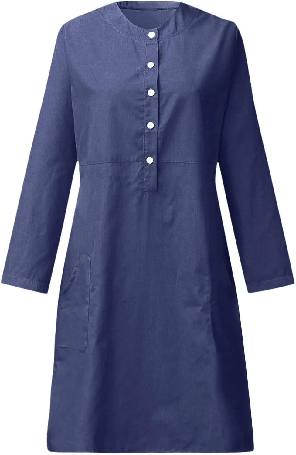 Womens Cotton Linen Button Up Dresses Casual Classic Long Sleeve Trendy Comfy Solid Color Crewneck Dress with Pockets