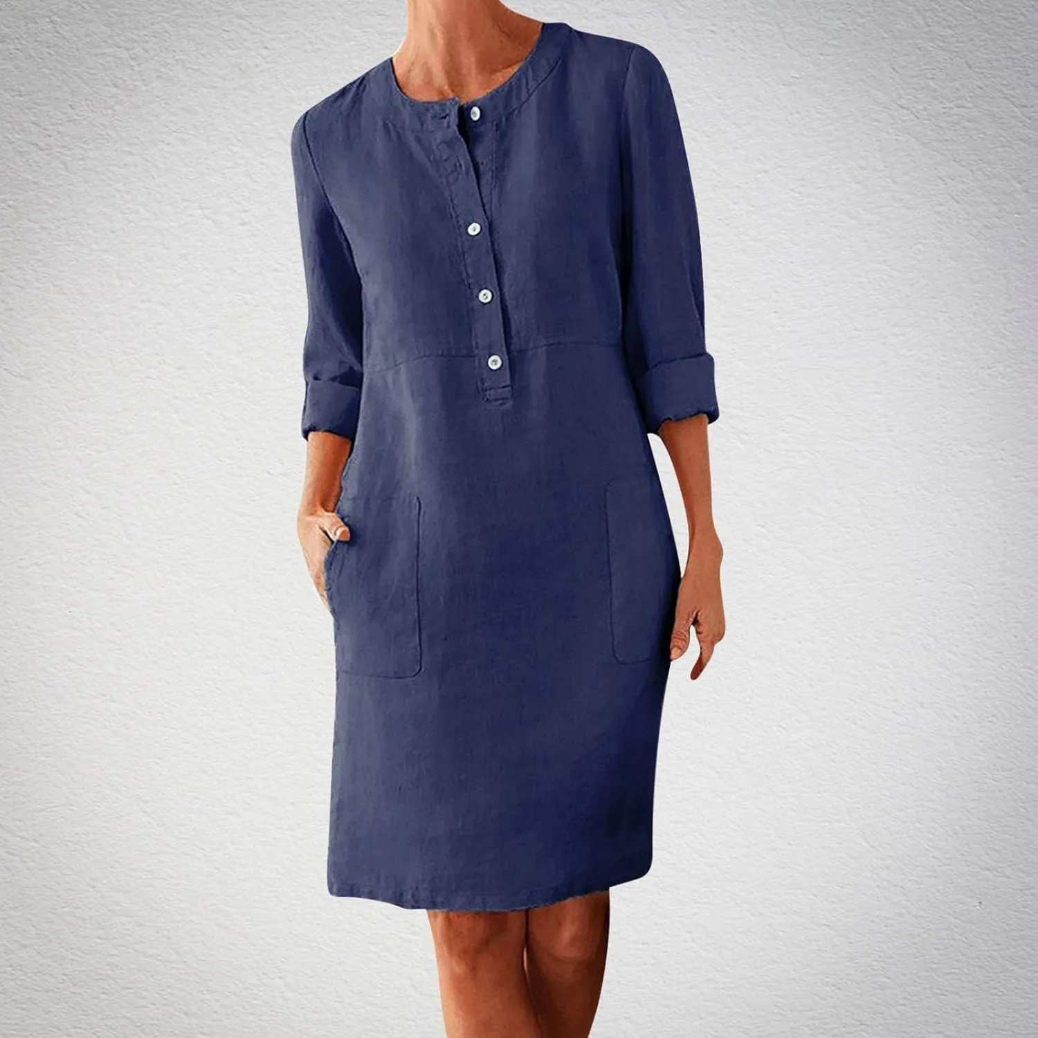 Womens Cotton Linen Button Up Dresses Casual Classic Long Sleeve Trendy Comfy Solid Color Crewneck Dress with Pockets