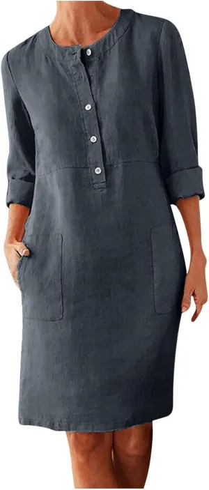 Womens Cotton Linen Button Up Dresses Casual Classic Long Sleeve Trendy Comfy Solid Color Crewneck Dress with Pockets