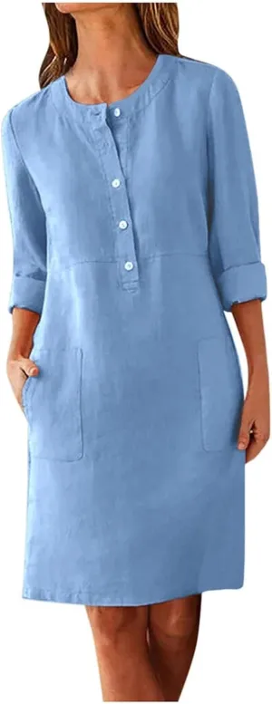 Womens Cotton Linen Button Up Dresses Casual Classic Long Sleeve Trendy Comfy Solid Color Crewneck Dress with Pockets