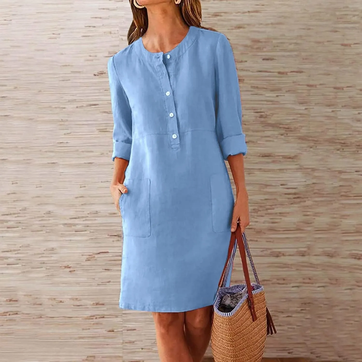 Womens Cotton Linen Button Up Dresses Casual Classic Long Sleeve Trendy Comfy Solid Color Crewneck Dress with Pockets