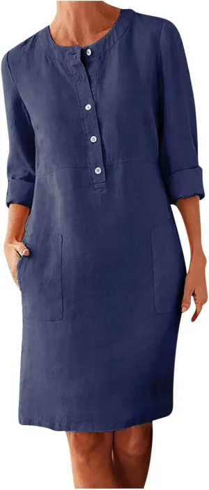 Womens Cotton Linen Button Up Dresses Casual Classic Long Sleeve Trendy Comfy Solid Color Crewneck Dress with Pockets