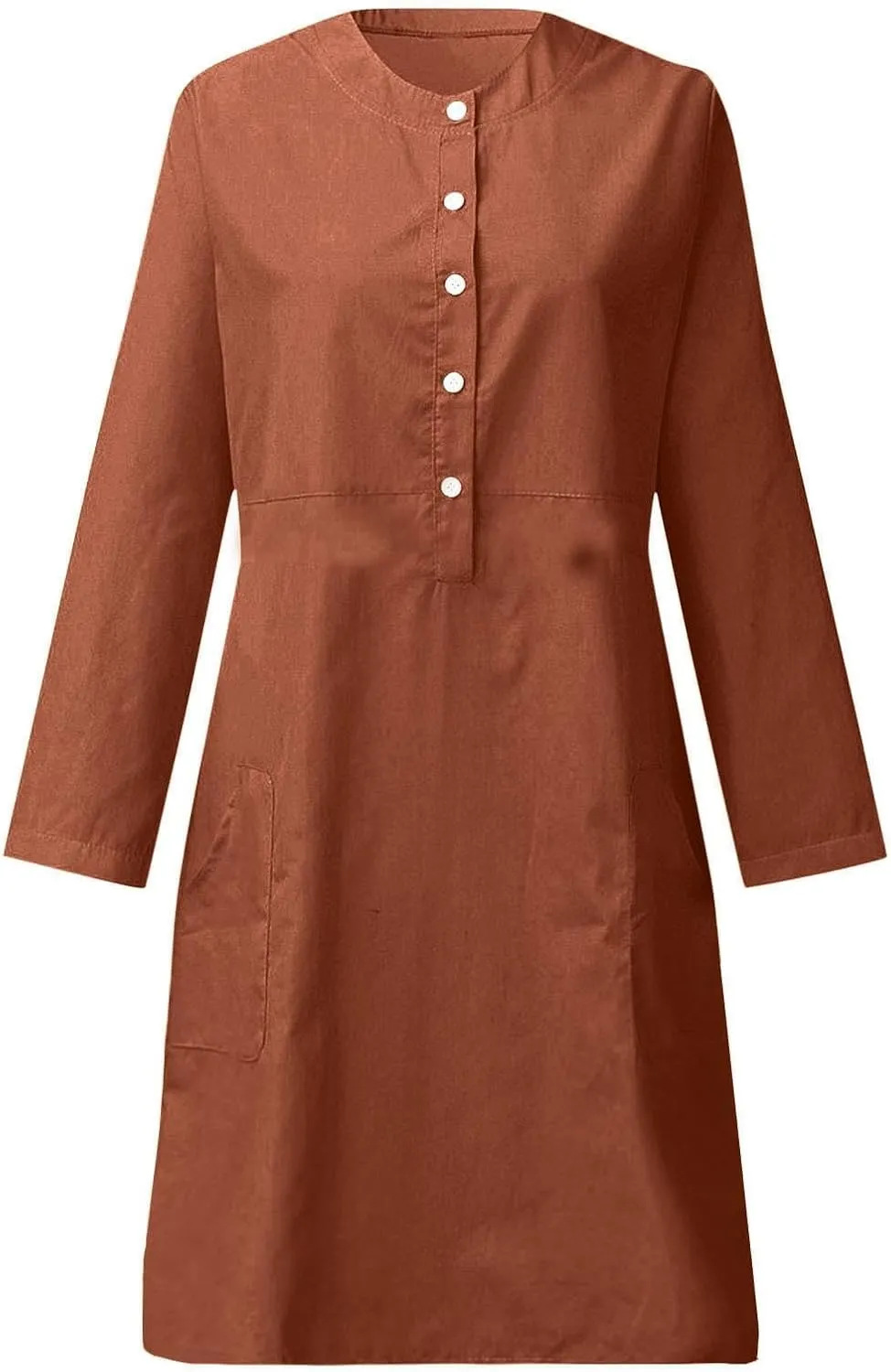Womens Cotton Linen Button Up Dresses Casual Classic Long Sleeve Trendy Comfy Solid Color Crewneck Dress with Pockets