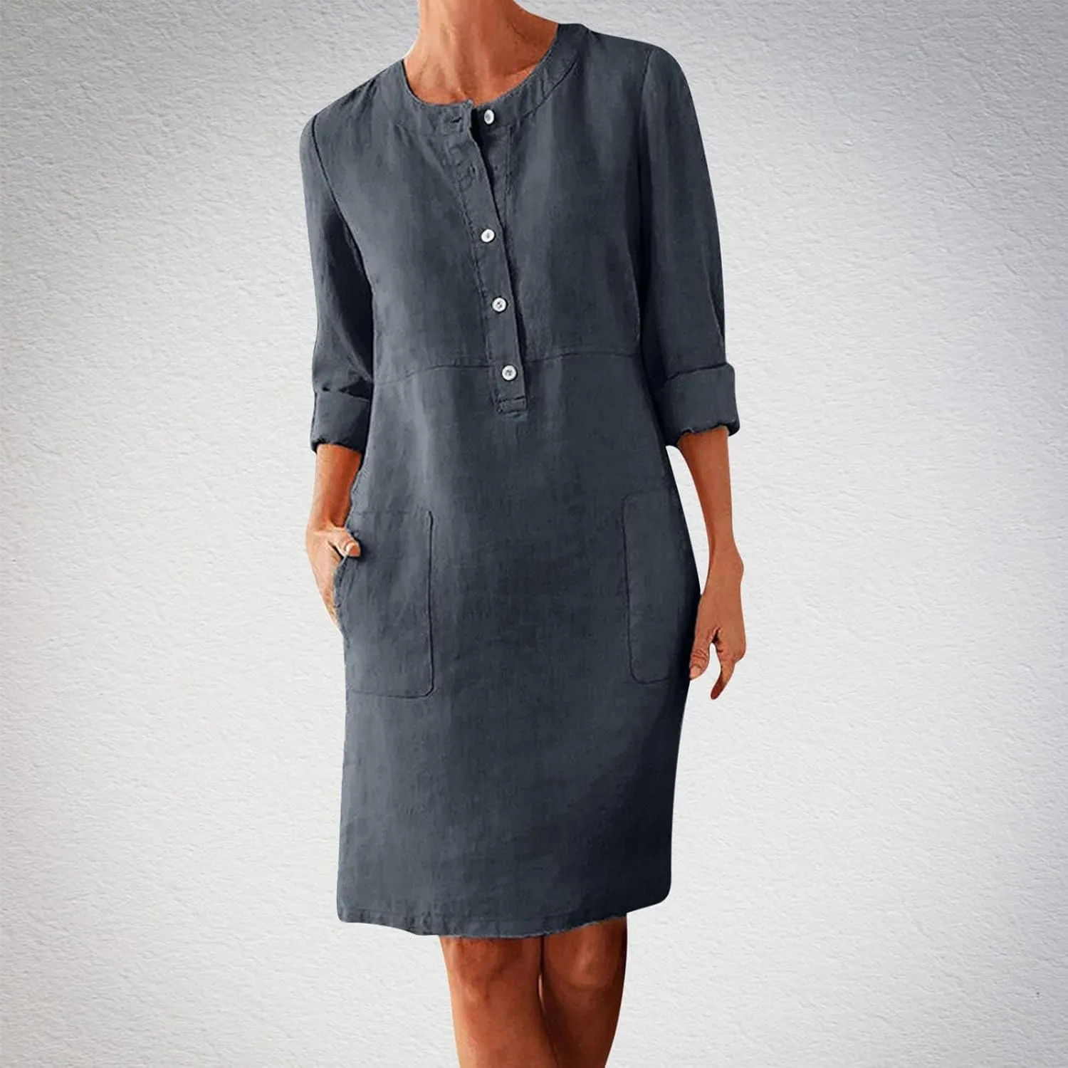 Womens Cotton Linen Button Up Dresses Casual Classic Long Sleeve Trendy Comfy Solid Color Crewneck Dress with Pockets