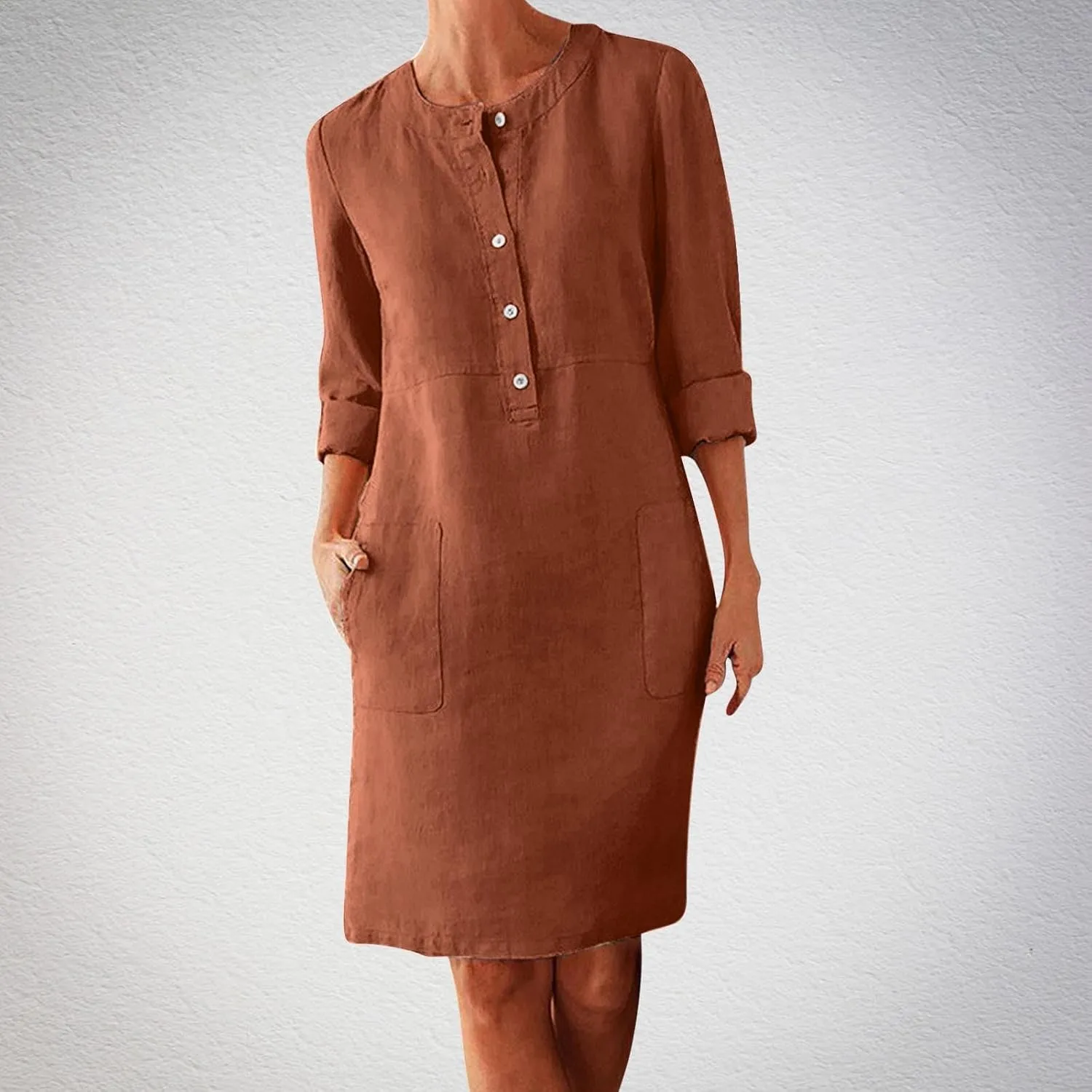 Womens Cotton Linen Button Up Dresses Casual Classic Long Sleeve Trendy Comfy Solid Color Crewneck Dress with Pockets