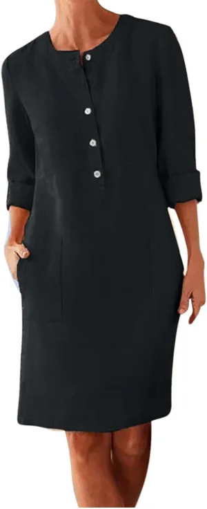 Womens Cotton Linen Button Up Dresses Casual Classic Long Sleeve Trendy Comfy Solid Color Crewneck Dress with Pockets