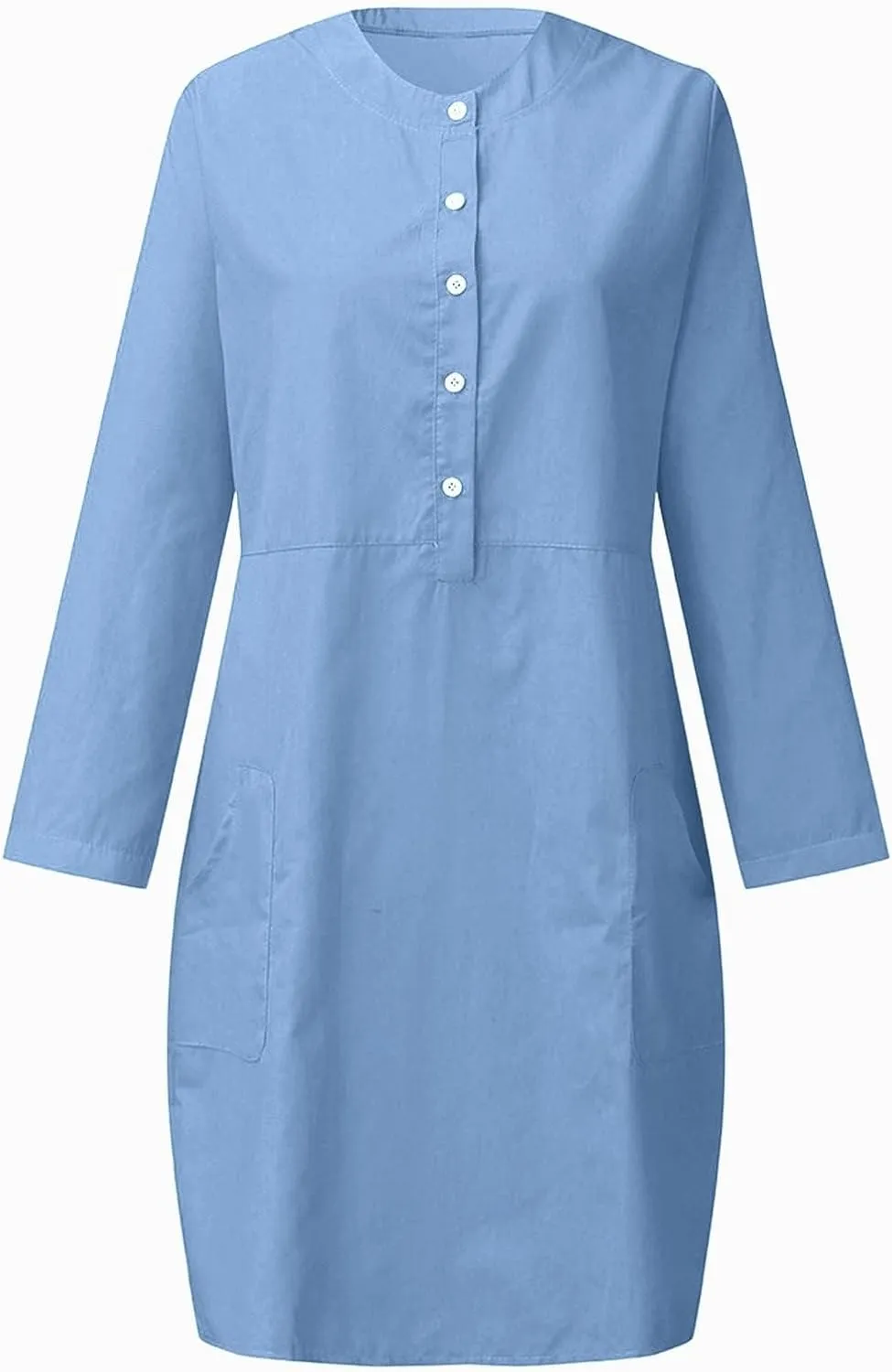 Womens Cotton Linen Button Up Dresses Casual Classic Long Sleeve Trendy Comfy Solid Color Crewneck Dress with Pockets