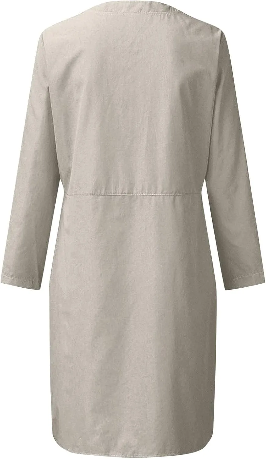 Womens Cotton Linen Button Up Dresses Casual Classic Long Sleeve Trendy Comfy Solid Color Crewneck Dress with Pockets