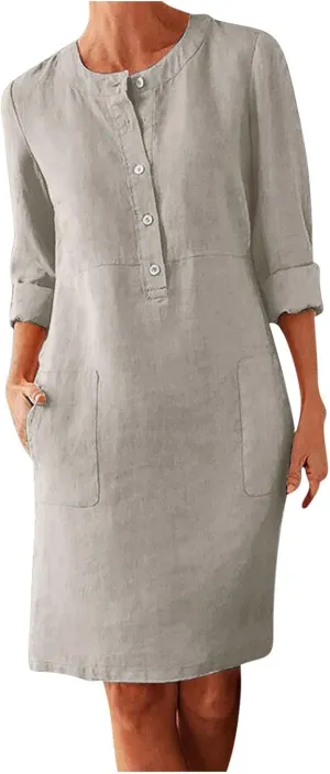 Womens Cotton Linen Button Up Dresses Casual Classic Long Sleeve Trendy Comfy Solid Color Crewneck Dress with Pockets