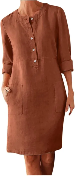Womens Cotton Linen Button Up Dresses Casual Classic Long Sleeve Trendy Comfy Solid Color Crewneck Dress with Pockets
