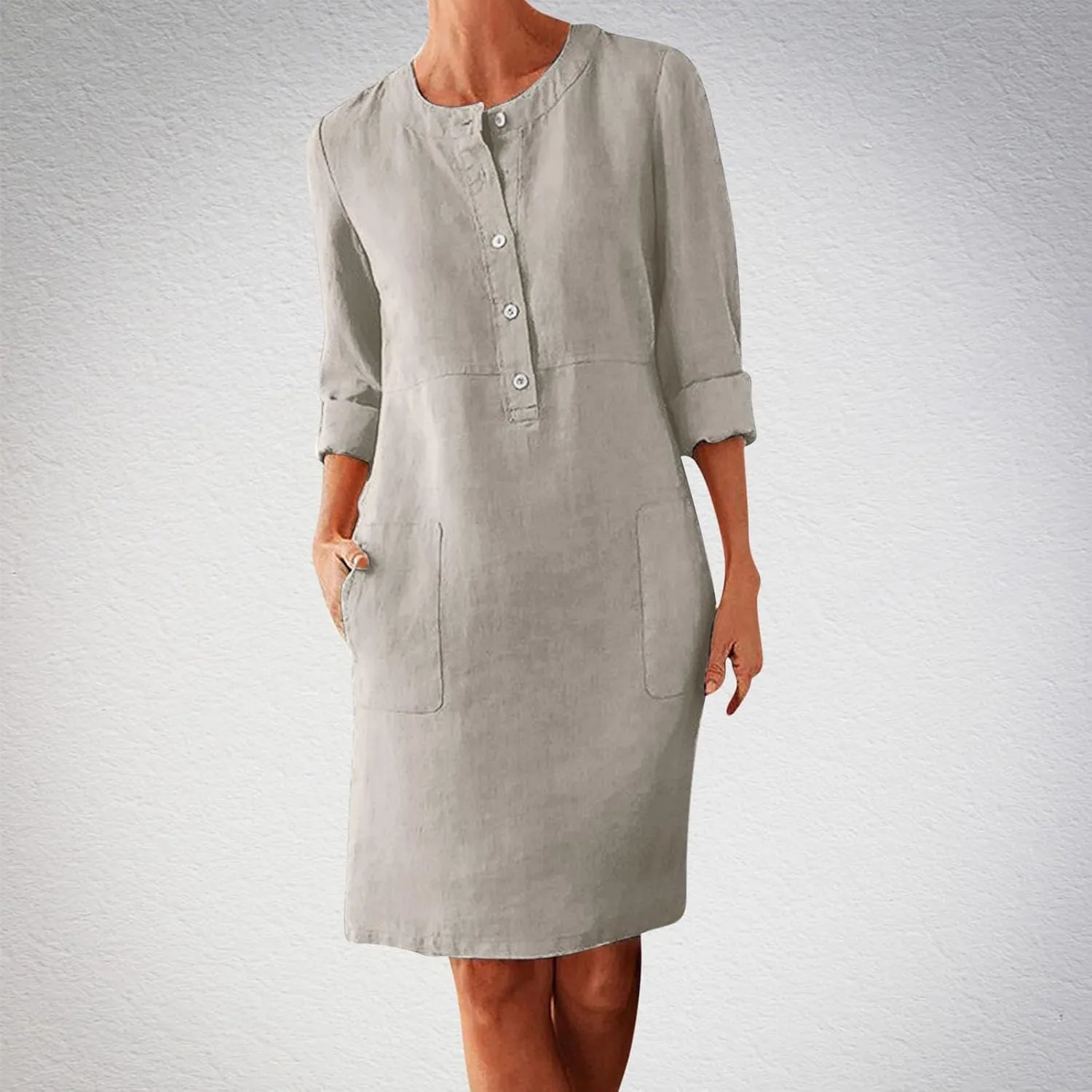 Womens Cotton Linen Button Up Dresses Casual Classic Long Sleeve Trendy Comfy Solid Color Crewneck Dress with Pockets