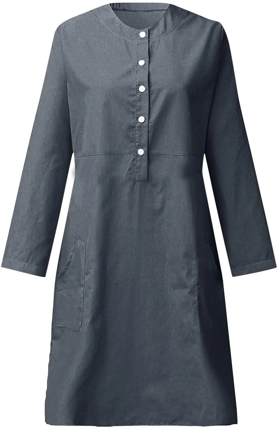 Womens Cotton Linen Button Up Dresses Casual Classic Long Sleeve Trendy Comfy Solid Color Crewneck Dress with Pockets