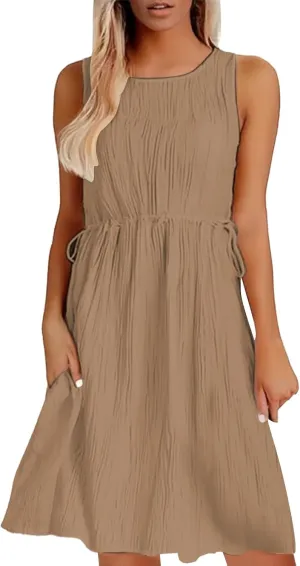 Women's Cotton Linen Midi Dress Plus Size Cap Sleeve Pleated Summer Dresses Vacation 2025 Crew Neck Casual Dress