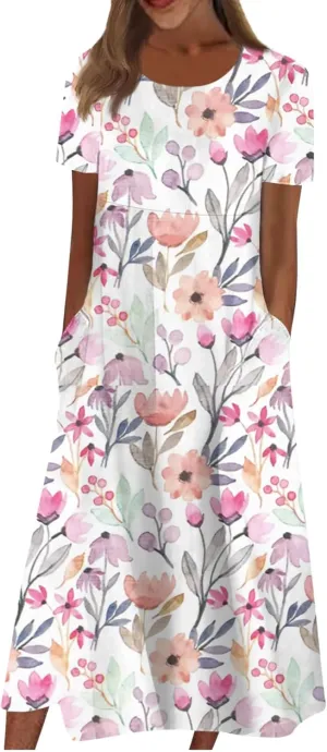 Womens Dress Pleated Loose Round Neck Daily with Pocket Midi Classic Dressy Ladies Short-Sleeve Trendy with Pocket